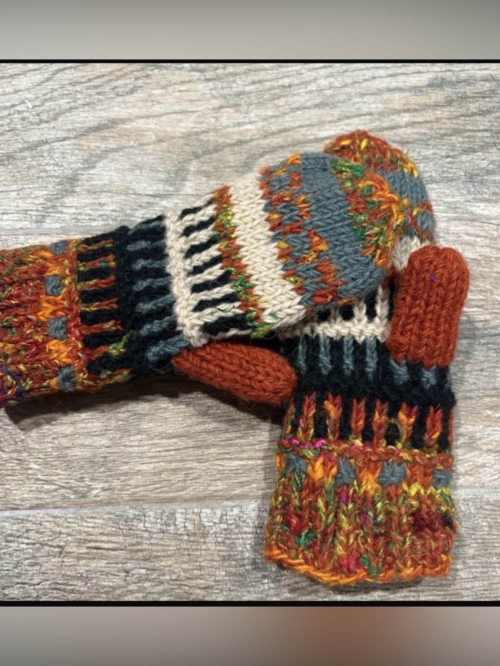 Sanaki Wool Silk Blend Knitted Multicolor Gloves Mittens Hippie Boho
